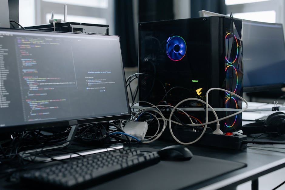 A close-up view of a desk surface in an office environment, featuring two black computer monitors, one displaying a code editor with colorful syntax highlighting, and the other turned off. The worksta